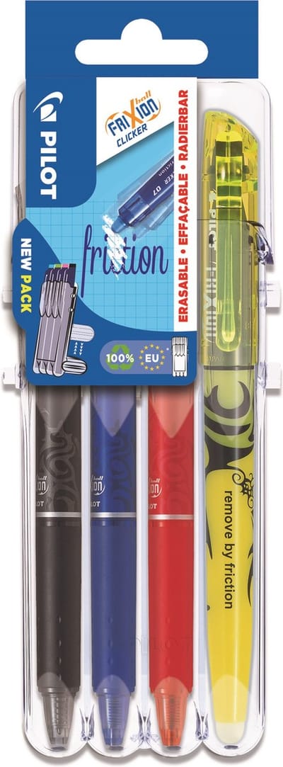 Pilot roller Frixion Ball Clicker, Set 2 Go blister van 4 stuks: clicker pen zwart, blauw, rood en markeerstift geel