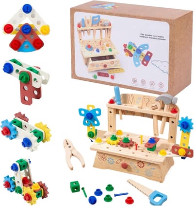 Gereedschapsset Kinderen - Educatief Speelgoed - Creatief Spelen - Houten Werkbank - 27 x 17 x 10 cm