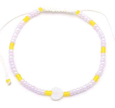 Enkelbandje - Kralen en een Hartje - Anklet - Lengte Verstelbaar - Paars/Geel/Wit – valentijn – cadeau