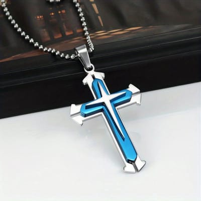 VANDAAG VERZONDEN - Ketting - Kruis - Christelijk - Staal - Zilver Zwart Blauw