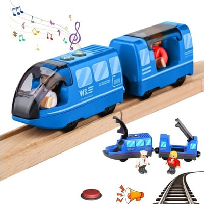 Elektrische houten spoorbaan met magnetische aansluiting, batterijen en compatibiliteit met Thomas en Chuggington, ideaal voor kinderen