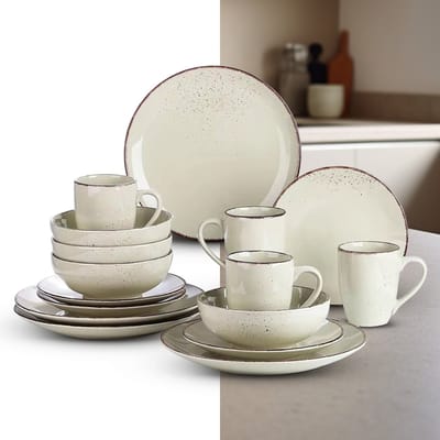 Luxe Serviesset – 16 delig – 4 persoons – Keramisch - Bordenset – Dinner platen – Dessertborden - Mokken - Kommen - Beige
