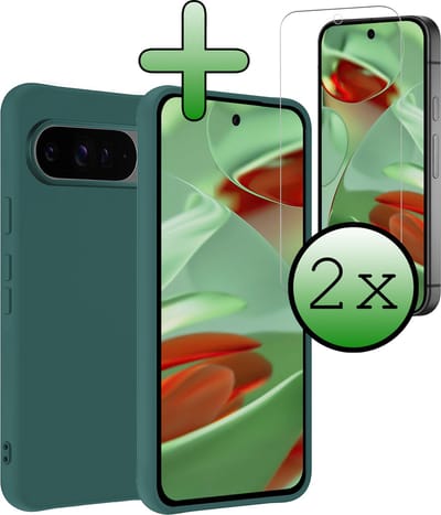 Hoesje Met 2x Screenprotector - Geschikt voor Google Pixel 9 Pro - Sterk & Shockproof - Back Cover - Siliconen Case - Telefoon Hoes - Donkergroen