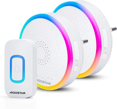 Draadloze deurbel met RGB-verlichting, 2 ontvangers en 1 drukknop, waterdicht (IP55), 150m bereik