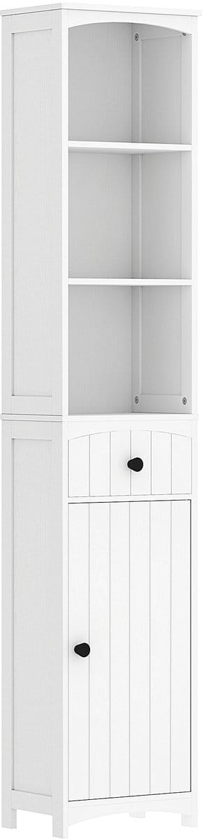 Merax Hoge Badkamerkast Wit Met 3 Open Vakken En Lade Smalle Opbergkast 34x24x170.5 cm