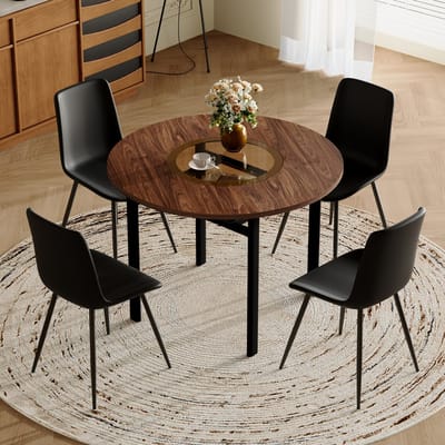 Moderne minimalistische ronde tafelset (met geïntegreerd opbergvak en 4 stoelen van zwart PU-materiaal), ronde tafel met een diameter van 100 cm in bruine houtlook, geschikt voor eetkamers.