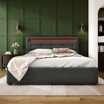 VVBV Gestoffeerd Bed 140x200 cm met LED-Verlichting, Lattenbodem - Verstelbaar Hoofdbord - Hout Grijs - Zonder Matras