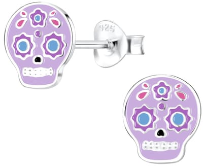 Joy|S - Zilveren sugar skull oorbellen - paars - halloween oorbellen