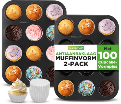 NutriChef Muffinvormen– 2-Pack, Antiaanbak 12-Vorm Cupcake Blik - Stapelbare Muffin Bakplaten van Koolstofstaal - Inclusief 100 Bakpapiertjes