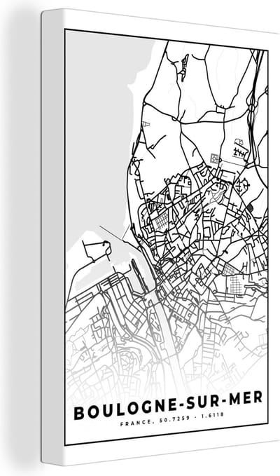 Canvas Schilderij Kaart – Stadskaart – Frankrijk – Plattegrond - Boulogne-sur-Mer - Zwart wit - 20x30 cm - Wanddecoratie
