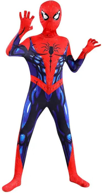 Superheldendroom - Webheld Klassiek Kostuum – Rood‑Blauw – Stretch Pak - 104 (3/4 Jaar) - Verkleedkleding - Superheldenpak - Actieheld - Carnaval