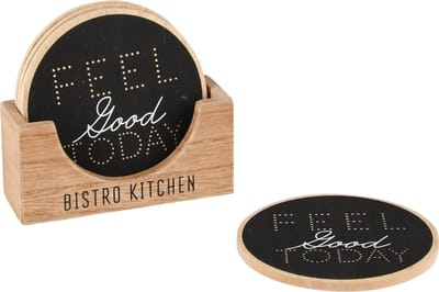 Dekoratief | Set 4 coasters 'Feel Good Today', zw./naturel, hout, 12x4x10cm | A235025
