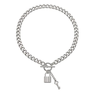 Zilverkleurige ketting met slot- en sleutelhanger – ketting voor dames – schakelketting met speelse details en kristalaccent