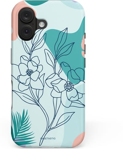 Casetastic hoesje geschikt voor Apple iPhone 16 - MagSafe - Dubbellaagse bescherming - Zeegroen Bloemenfestijn - Fashion Case - Lichtgrijs Turquoise Perzik