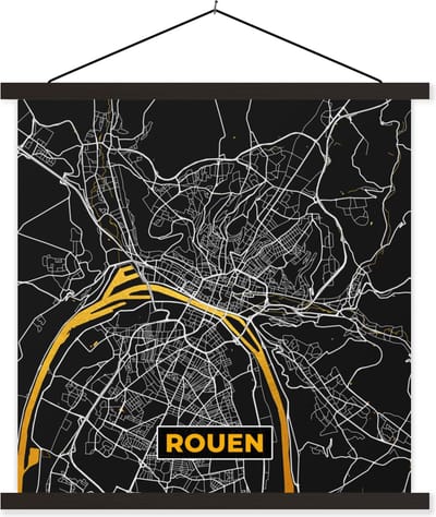 Posterhanger incl. Poster 60x60 cm - Schoolplaat - Rouen - Kaart – Plattegrond – Frankrijk – Stadskaart - Textielposter - Zwarte latten - Stadskaart