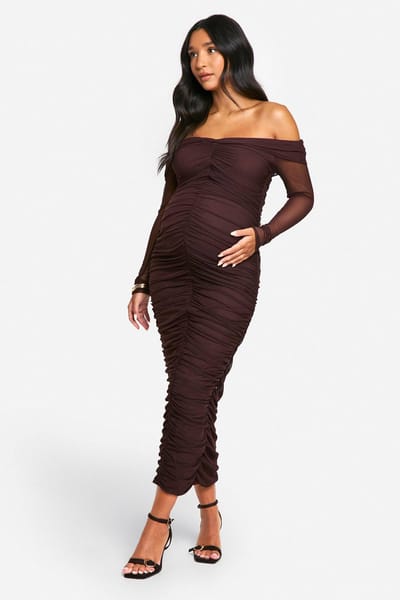 boohoo Dames Emily Shak Maternity Slinky Off The Shoulder Langmouw Ruched Midaxi Jurk | Chocoladebruin | Maat: 36