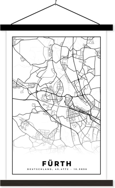Posterhanger incl. Poster 40x60 cm - Schoolplaat - Fürth - Kaart - Plattegrond - Stadskaart - Textielposter - Zwarte latten - Stadskaart