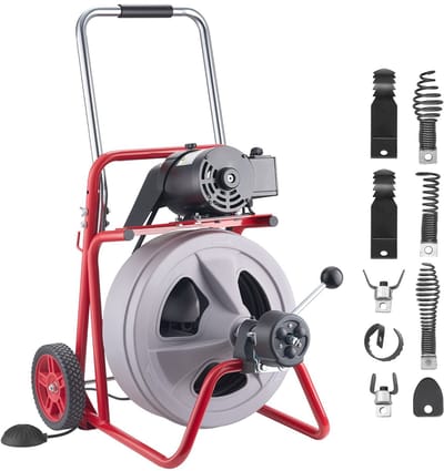 Pijpreinigingsmachine - Riool- en Afvoerontstopper - 30 m x 13 mm Veer - Automatische Aanvoer - 8 Snijkoppen - Pneumatische Voetschakelaar - Voor Ø 50–150 mm