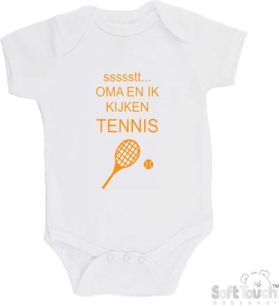 100% katoenen Romper "ssssstt... Oma en ik kijken tennis" Unisex Katoen Wit/mosterd Maat 56/62