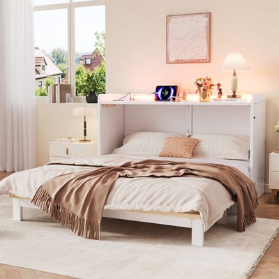 MODFU - Opklapbed - Met Laden En Ledverlichting - Modern - MDF En Hout - Wit - 140 x 200 cm