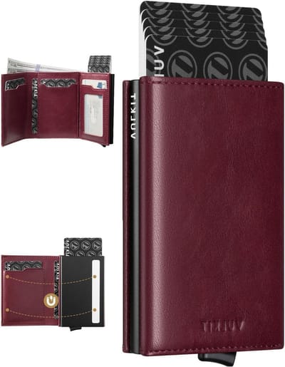 Stijlvolle RFID-blockerende leren creditcardhouder met bankbiljetcompartiment en ID-venster voor mannen en vrouwen, Claret, minimalistisch ontwerp