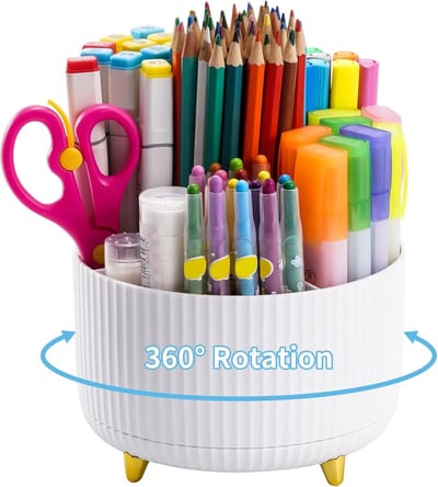 Famanu - Bureau Organizer, 360 Draaibare Penhouder, Bureau-Organizer Accessoires met 5 Vakken, Pennenorganizer Opberg voor Thuis Kantoor Benodigdheden (Wit)
