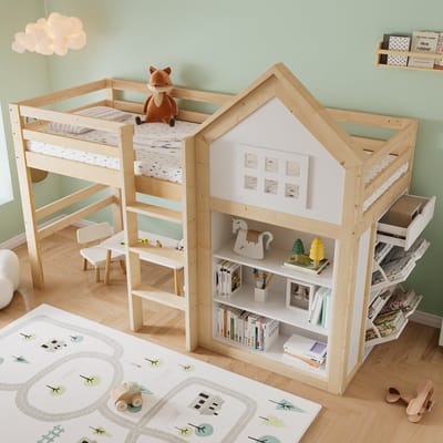 MODENUIT Hoogslaper 90x200 cm – Huisvormig Bed met 3 Lades en Opbergvakken – Hek en Trap – Zonder matras – Wit/Naturel
