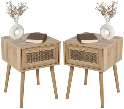 Urban Living Nachtkastje Bali - 2x - Ibiza stijl - hout - met lade - 39 x 39 x 57 cm