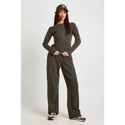 boohoo Dames Tall Katoenen Doorknoop Top Met Ronde Hals & Broek Coordinatenset | Charcoal | Maat: 6