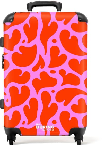 NoBoringSuitcases.com - Grote koffer dames - Organisch hartmotief in rood op roze achtergrond - Reiskoffer met 4 wielen - Trolley op wieltjes - Rolkoffer groot vrouwen - 72 liter - Ruimbagage valies 20kg - Valiezen voor volwassenen