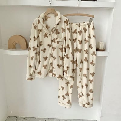 Herfst Winter Cartoon Beer Dikke Koraalvlies Pyjama's Koppels Losse Revers Knoop Cardigan Nachtkleding Schattige Huiskleding Sets L brown