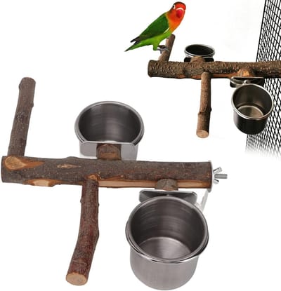 Voederstation voor vogels 33 cm met houten standaard en RVS tray, ideaal voor kleine en middelgrote vogels zoals parkieten en cockatiels