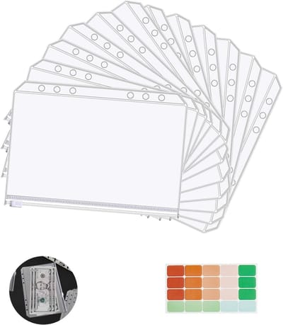 Set van 12 Transparante A6 Mappen met 6 Gaten, Inclusief Etiketten en Ritsvakken voor Documenten, Notities en Kaarten