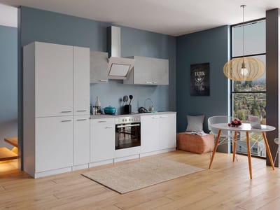 Goedkope keuken 300 cm - complete keuken met apparatuur Malia - Wit/Beton - soft close - keramische kookplaat - afzuigkap - oven - spoelbak