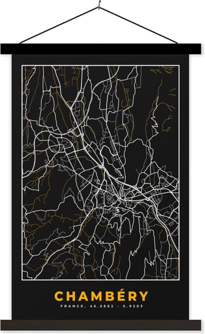 Posterhanger incl. Poster 40x60 cm - Schoolplaat - Stadskaart – Frankrijk – Kaart – Chambéry – Plattegrond - Textielposter - Zwarte latten - Stadskaart
