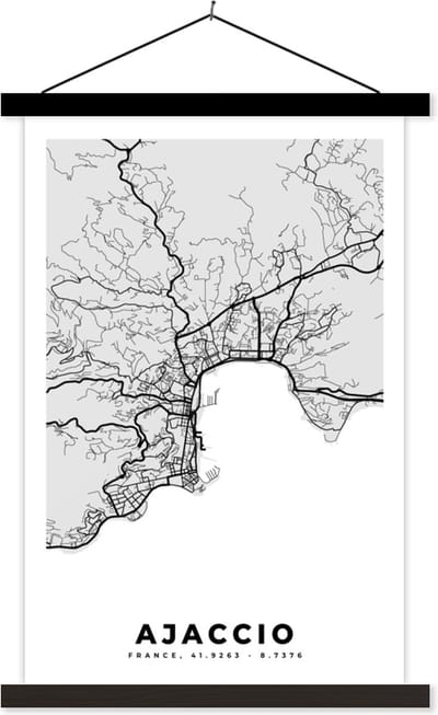 Posterhanger incl. Poster 40x60 cm - Schoolplaat - Frankrijk - Plattegrond - Kaart - Ajaccio - Stadskaart - Textielposter - Zwarte latten - Stadskaart