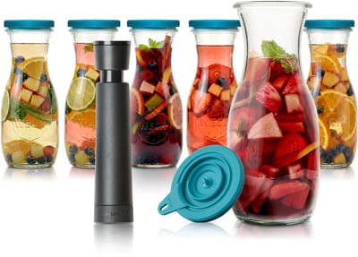 Airtender Sangria Karaf 500ml (6st.) | 6x Vacuümdeksel + GRATIS vacuümpomp en 6x Glazen Karaf om snel de meest intense Sangria te maken! | Karaf is ook zonder vacuüm te gebruiken | Vacuüm versnelt de infusie (max. 30min) | Meer smaak met minder fruit