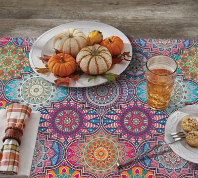 Dailygoody - Boho Vintage Geometrische Tafelkleed - Unieke Rustieke Look - 100 x 100 cm - Polyester - Perfect voor Eettafel - Lila