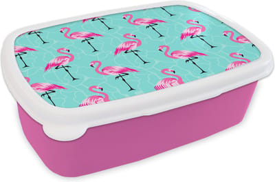 Broodtrommel Roze - Lunchbox - Brooddoos - Flamingo - Roze - Patroon - 18x12x6 cm - Kinderen - Meisje