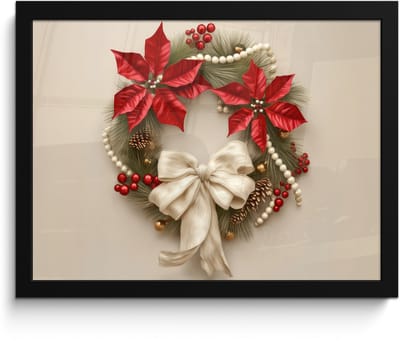 Poster in lijst - Fotolijst 40x30 cm - Posters - Deurkrans - Strik - Kerst - Rood - Groen - Posterlijst zwart - Decoratie - Wanddecoratie woonkamer - Muurdecoratie slaapkamer - Kerstversiering - Kerstdecoratie voor binnen - Kerstmis