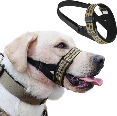 Honden Muilkorf - Hondenmondkapje Bark Stopper - Veilig Wandelen - Reflecterende Banden - Maat S - Kaki