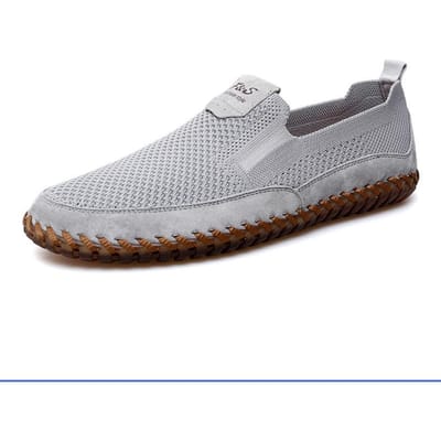 Lente en Zomer Nieuwe Rijdende Modieuze Schoenen Luie Vlieg Geweven Mesh Casual Schoenen Herenschoenen van Echt Leer 47 grijze kleur
