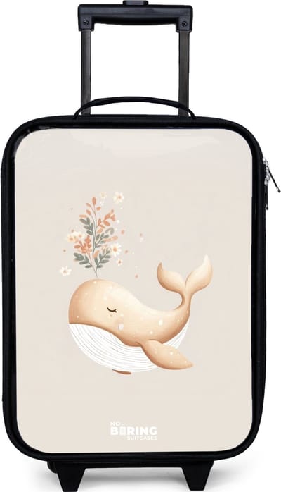 NoBoringSuitcases.com® - Kinderkoffer jongen - Kindertrolley meisje - Walvis in pastel beige kleuren - Koffer kind lichtgewicht - Reiskoffer trolley voor kinderen - Koffertje met lichtgevende wieltjes - Rolkoffer zwart