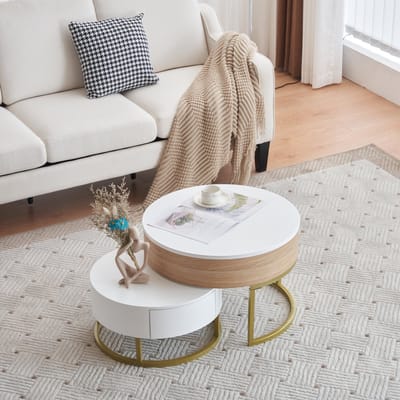 HAUSS SPOLE Salontafel - Rond 2 Delige Set Met Lade - Opbergruimte En Klapfunctie - Modern Voor Woonkamer Of Balkon - 70x70/56,5+60x60 cm - MDF - Wit + Houtkleur
