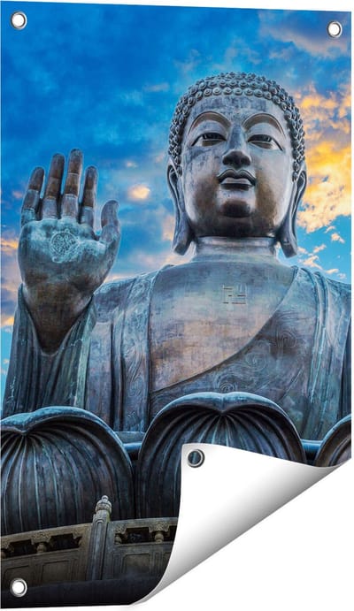 Gards Tuinposter Boeddha Beeld bij een Tempel - 40x60 cm - Tuindoek - Tuindecoratie - Wanddecoratie buiten - Tuinschilderij