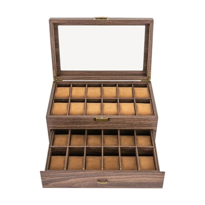 HomeGoodies Luxe Horlogedoos 24 Vakken – 2 Laags Horloge Organizer - Glazen Display – 34x21x15cm - Sieradendoos Watch Box – Bruin