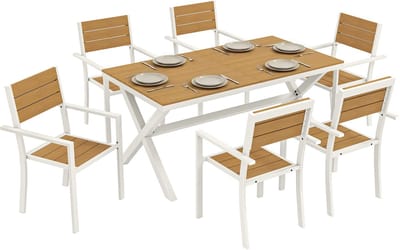 Outsunny Patio Dining Set-Aluminium, kunststofhout-160L x 86B x 72H cm-Teak