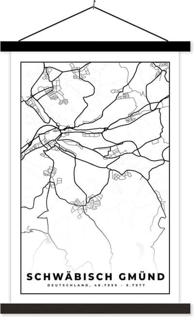 Posterhanger incl. Poster 40x60 cm - Schoolplaat - Schwäbisch Gmünd - Plattegrond - Kaart - Stadskaart - Textielposter - Zwarte latten - Stadskaart
