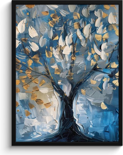 Poster in lijst - Fotolijst 60x80 cm - Posters - Boom - Blauw - Goud - Abstract - Posterlijst zwart - Decoratie - Wanddecoratie woonkamer - Muurdecoratie slaapkamer