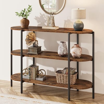 Industriële Consoletafel met 3 Niveaus - Ovalen Sidetable voor Gang en Woonkamer - Haltafel met Metalen Frame - Modern Banktafel - 120 x 34 x 76 cm - bruin